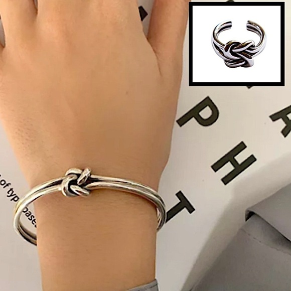 Knot Sterling Silver Bangle Cuff Bracelet, Elegant Matching Ring Set - Picture 1 of 15